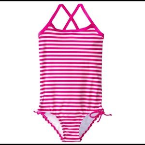 Hot pink striped one piece girls swimsuit criss cross back